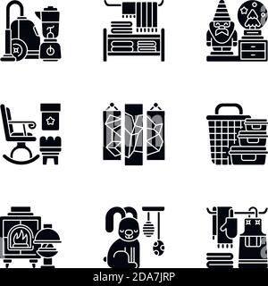 Home decor glifi nero icone set su spazio bianco Illustrazione Vettoriale