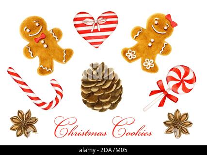 Collezione di acquerelli di decorazioni natalizie biscotti allo zenzero, canna da zucchero caramella, lollypop, anis, cono di abete, cuore Foto Stock