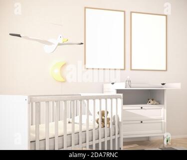 Camera da letto per bambini con giocattoli e due cornici mockup. rendering 3d Foto Stock