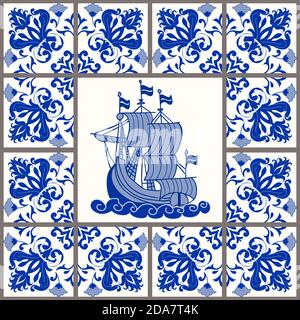 Piastrelle in ceramica maiolica, blu e bianco azulejo, decorazioni originali tradizionali portoghesi e spagnole. Tegola in mosaico senza cuciture con motivi di mare. Vettore. Illustrazione Vettoriale