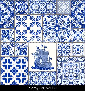 Piastrelle in ceramica maiolica, blu e bianco azulejo, decorazioni originali tradizionali portoghesi e spagnole. Tegola in mosaico senza cuciture con motivi di mare. Vettore. Illustrazione Vettoriale