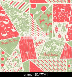 Natale senza cuciture colorate patchwork. Modello di Natale ottima scelta per avvolgere il modello di carta o biglietto di auguri. Illustrazione vettoriale. Illustrazione Vettoriale