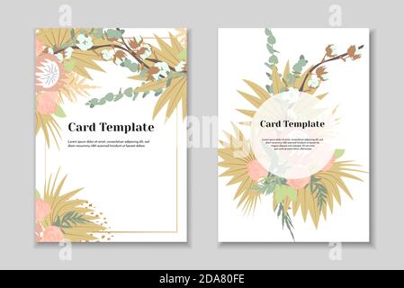 Set di 2 modelli di carta boho greting, colori pastello tenui, sfondo bianco. Cornice geometrica dorata. Illustrazione Vettoriale