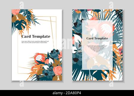 Set di 2 modelli di carta boho greting, colori pastello tenui, sfondo bianco. Cornice geometrica dorata. Illustrazione Vettoriale