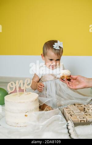 Festa del primo compleanno del bambino eco-friendly con torta. 1° compleanno idee con decorazione naturale. Feste di compleanno sostenibili eco-friendly alternative per Foto Stock