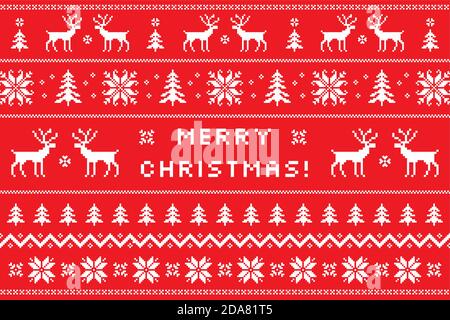 Allegro biglietto d'auguri natalizio con il classico design del maglione invernale. Modello lavorato a maglia nordica con cervi, fiocchi di neve e bordi. Natale tradizionale Illustrazione Vettoriale