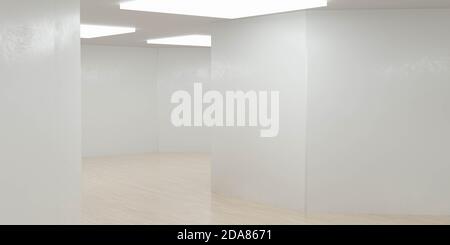 L'architettura di una stanza in loft di grande colore bianco e luminoso rende l'illustrazione 3d con pavimento in legno lucido e sfondo luminoso Foto Stock