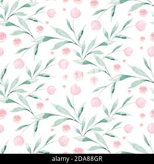 Disegni a mano senza cuciture acquerelli motivi floreali con fiori in fiore, foglie, rami e fiori. Motivo rosa oro bohémien prorea. Sfondo per Foto Stock