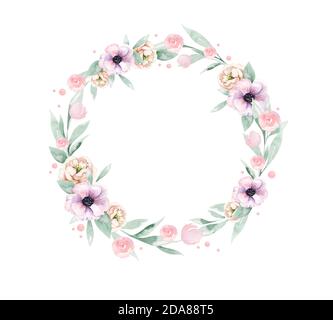 Acquerello boho corona floreale. Cornice naturale bohémien: Foglie, piume, fiori, isolato su sfondo bianco. Decorazione illustrazione. Salvare la data Foto Stock