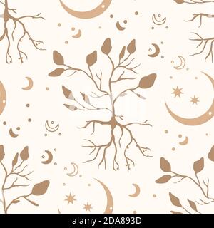 Brunch floreale celestiale motivo mistico senza cuciture. Boho mistico teree stampa disegno strega luna e stelle su uno sfondo bianco. Illustrazione Vettoriale