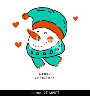 Icona Snowman con cuore. Illustrazione del vettore delle vacanze invernali di Natale. Buon Natale mano carta disegnata in stile doodle. Simbolo tradizionale di Capodanno. Illustrazione Vettoriale