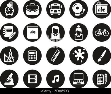Icone della scuola o dell'istruzione bianche su Black Flat Design Circle Imposta grande Illustrazione Vettoriale