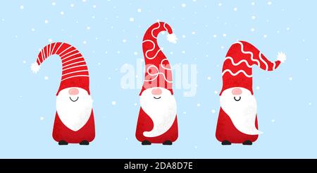 Set di simpatici gnomi natalizi in simpatici cappelli con texture rumorosa. Illustrazione vettoriale degli elfi settentrionali, cartone animato nani scandinavi. Elementi xmas per Illustrazione Vettoriale