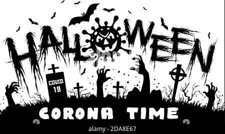 Poster di Halloween con elementi horror: Mani di zombie, zucca, coronavirus, pipistrello. Illustrazione, vettore su sfondo trasparente Illustrazione Vettoriale