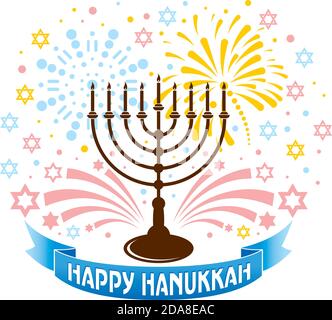 Hanukkah felice, sfondo di festa ebrea. Illustrazione vettoriale - vettore semplice, candelabro, fuochi d'artificio, stella di david, nastro Illustrazione Vettoriale