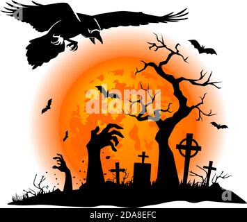 Halloween paesaggio cimitero con elementi horror. Corvo nero sullo sfondo di una luna piena, una tomba, una mano zombie morta. Illustrazione, v. Illustrazione Vettoriale