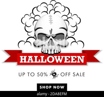 Vendita di Halloween - cranio umano che tiene il banner nei suoi denti. Acquista subito il 50% di sconto. Illustrazione, icona web, vettore Illustrazione Vettoriale