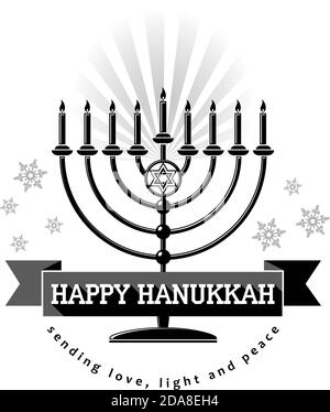 Concetto di carta per Hanukkah felice con menorah, fiocchi di neve e banner di saluto. Illustrazione, vettore Illustrazione Vettoriale