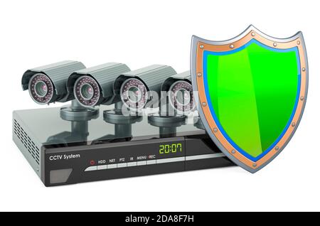 Sistema CCTV con schermo, rendering 3D isolato su sfondo bianco Foto Stock