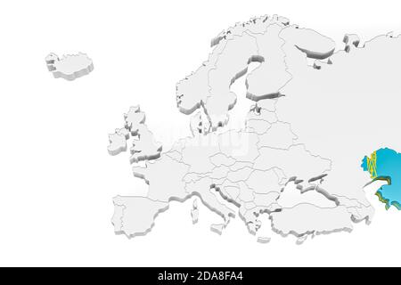 Mappa 3D Europa con confini marcati - area del Kazakistan Contrassegnato con bandiera Kazakhstan - isolato su sfondo bianco con Spazio per il testo - illustrazione 3D Foto Stock