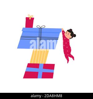 Stack di regali di Natale e bambino. Illustrazione Vettoriale