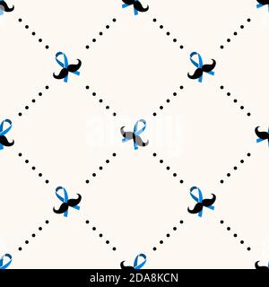 Motivo geometrico senza cuciture con baffi, nastro blu e pallino di polka. Novembre simbolo del mese di consapevolezza, sfondo dell'illustrazione vettoriale. Sfondo per Illustrazione Vettoriale