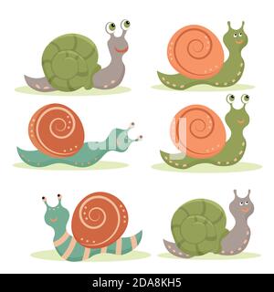 Set carino cartoon lumaca, isolato su sfondo bianco. Immagine piatta vettoriale. Illustrazione Vettoriale