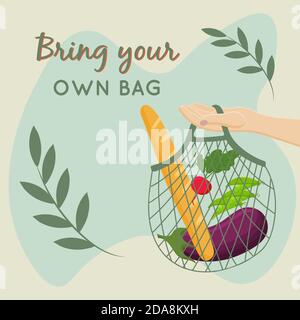 Borsa ecologica con elemento porta la tua borsa, con frutta e verdura. Zero rifiuti alimentari concetto, vettore cartoni animati illustrazione. Illustrazione Vettoriale