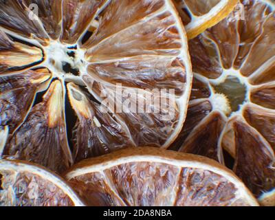 fette di agrumi secchi. Pompelmo, lime, arancia, limone. Frutta disidratata per decorare piatti per bevande, dessert e cocktail. Vista dall'alto m Foto Stock