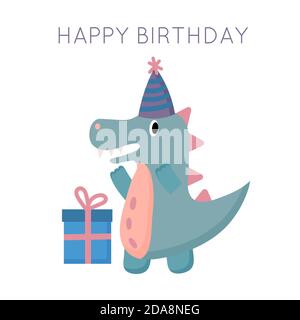 Simpatico dinosauro in stile cartone animato, Buon compleanno. Isolato su sfondo bianco. Immagine piatta vettoriale. Illustrazione Vettoriale