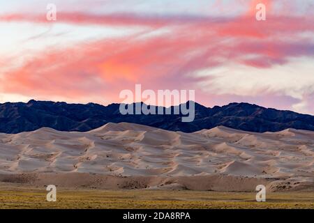 Khongoryn Els è conosciuta come 'Singing Sands'. Queste dune di sabbia si trovano all'interno del Parco Nazionale Gobi Gurvansaikhan nel deserto di Gobi a Mongol Foto Stock