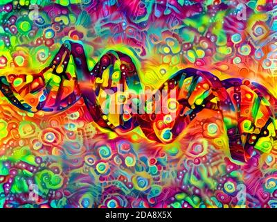 Filamento di DNA brillante. Pittura colorata. Rendering 3D Foto Stock