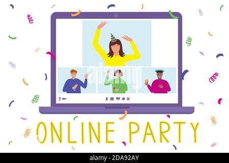 Concetto di home party online. Uomini e donne sullo schermo del computer portatile per festeggiare il compleanno, comunicare, bere. Videoconferenza Web, riunione remota degli amici. Sfondo confetti. Immagine piatta vettoriale. Illustrazione Vettoriale