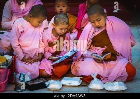 yangon myanmar Pagoda Shwedagon giovane monaco e suore che legge un mantra buddista in stato di profonda meditazione Foto Stock