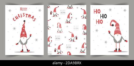 Carte di Natale vettoriali con gnomi. Saluto stagionale. Illustrazione Vettoriale