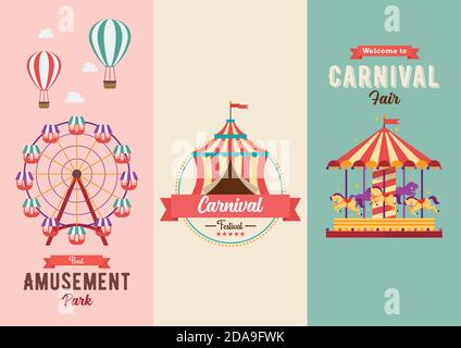 Set di banner a tema Fun fair e Carnival. Illustrazione vettoriale. Design in stile piatto, parco divertimenti, circo e parco divertimenti a tema, giostre, aria calda Illustrazione Vettoriale