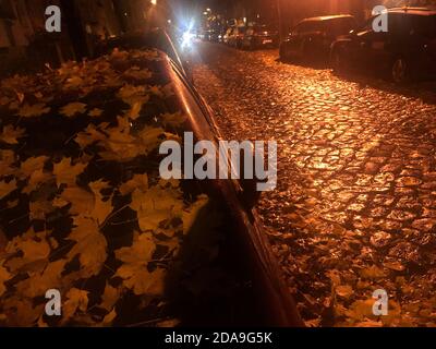 Berlino, Germania. 31 Ott 2020. Di notte, la luce delle luci di strada illumina i ciottoli di una strada a Karlshorst, dove le auto parcheggiate sono coperte di foglie autunnali. Credit: Jens Kalaene/dpa-Zentralbild/ZB/dpa/Alamy Live News Foto Stock