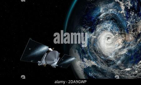 Super Typhoon, tempesta più forte sulla Terra. Collage con uragano, vista satellitare con astronave. Elementi di questa immagine forniti dalla NASA. Foto Stock