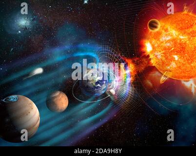 Linee magnetiche di forza che circondano la Terra conosciuta come la magnetosfera contro il vento solare del Sole. Elementi di questa immagine forniti dalla NASA. Foto Stock