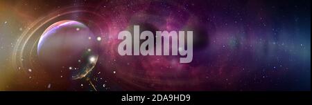 Pianeta gas extrasolare con lune su fondo nebulosa. Panorama di un pianeta lontano dallo spazio. Elementi di questa immagine forniti dalla NASA Foto Stock