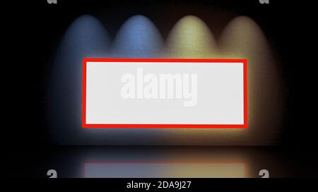 Interni scuri e grunge con lampade colorate e cartelloni bianchi vuoti, con cornice rossa e rappresentazione 3d. Foto Stock