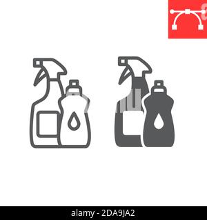 Linea di prodotti per la pulizia e icona glifo, igiene e prodotti chimici, prodotti per la pulizia domestica segno grafica vettoriale, icona tratto lineare modificabile, eps 10. Illustrazione Vettoriale