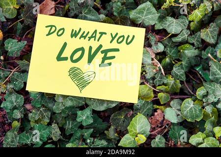 Fate quello che amate concetto scritto su carta su sfondo verde foglia. Citazione ispiratrice per motivazione, felicità o successo nel commercio o nella vita. Foto Stock