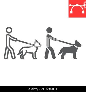 Uomo cieco con linea guida cane e icona glifo, disabilità e animale domestico, cieco con guida segno cane grafica vettoriale, modificabile traccia icona lineare, eps 10. Illustrazione Vettoriale