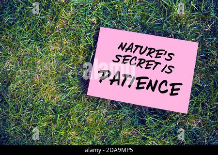 Il segreto della natura è la citazione motivazionale di pazienza scritta su carta su sfondo verde erba. Concetto di pazienza, pace interiore e successo. Foto Stock