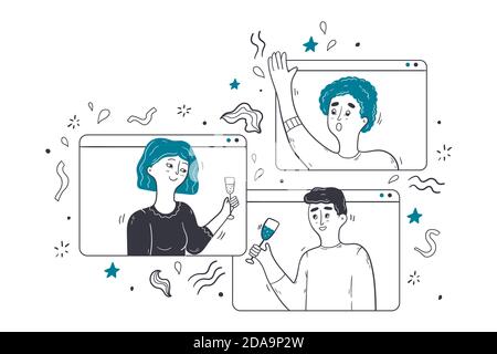 Concetto di festa online, compleanno, riunione virtuale. Uomini donne amici stare a casa bere vino alcolico attraverso computer finestre a distanza. Evento di celebrazione wireless durante la videochiamata durante l'autoisolamento. Illustrazione Vettoriale