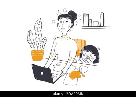 Business, freelance, concetto di giorno delle madri. Stressato disturbato fastidioso donna mamma personaggio madre lavorando da casa con il bambino piangente chil che interrompe il lavoro. Illustrazione dell'infanzia della maternità. Illustrazione Vettoriale