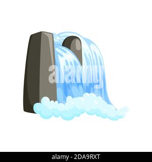 Cascata cascata in spruzzi giù con schiuma. Cascata isometrica di acqua in scenario roccioso isolato su sfondo bianco. Illustrazione vettoriale nel cartone Illustrazione Vettoriale