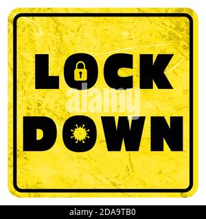 LOCK DOWN - scritta nera con lucchetto chiuso e virus Simbolo su sfondo giallo come segnale di avvertimento - illustrazione 3D Foto Stock