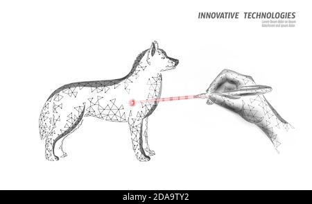 Clinica veterinaria cane chirurgia animale domestico. Doctor Companion laser con silhouette poligonale 3D a basso profilo per cani. Vettore modello banner centro medico animale Illustrazione Vettoriale